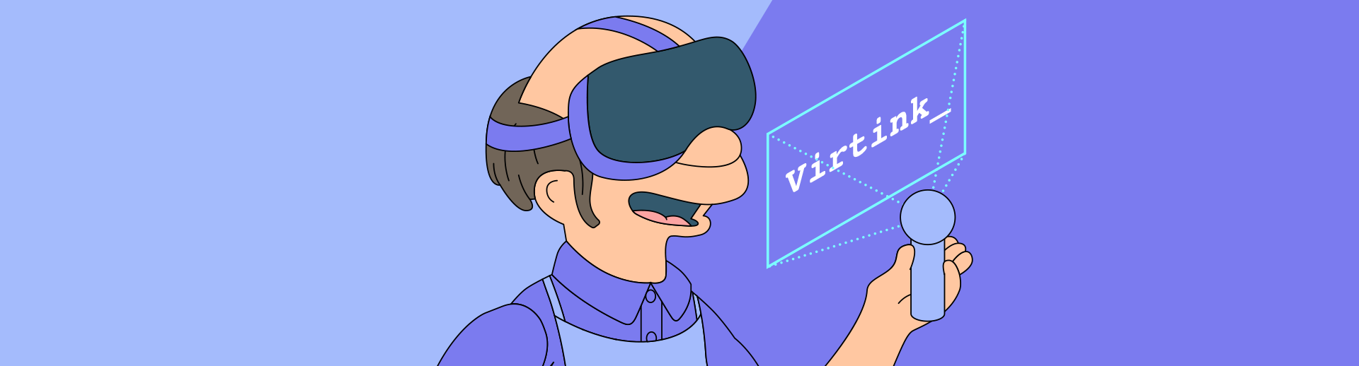A man wearing a VR headset that projects the word 'Virtink' in front of him