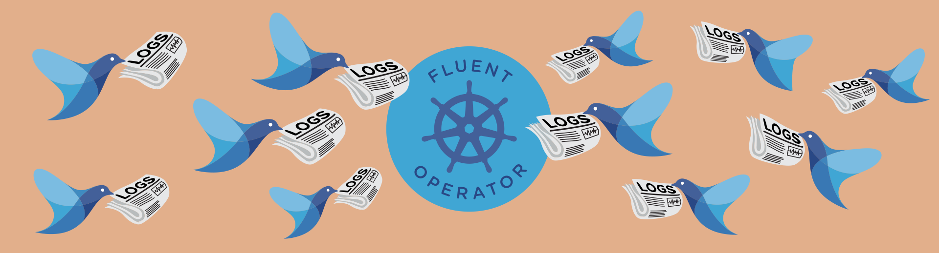 A flock of birds carry newspapers labelled 'logs' towards a circle with 'Fluent Operator' and the Kubernetes logo